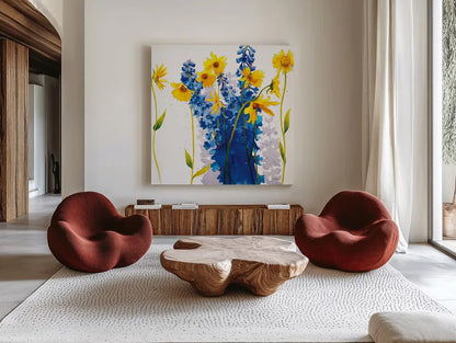 Tres Amigos by Shirley Novak. Shown as extra-large giant wall art in a modern living room. Available as an archival giclee rolled canvas, fine art paper, or poster print. SKU 89139a.