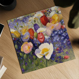 Tulips and Poppy Party by Shirley Novak. Shown as a detailed flat fine art print, highlighting archival giclee quality. Available as an archival giclee rolled canvas, fine art paper, or poster print. SKU 22481a.