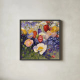 Tulips and Poppy Party by Shirley Novak. Shown in a sleek black glass frame for a contemporary gallery look. Available as an archival giclee rolled canvas, fine art paper, or poster print. SKU 22481a.
