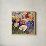 Tulips and Poppy Party by Shirley Novak. Shown in a natural wood glass frame for a timeless modern aesthetic. Available as an archival giclee rolled canvas, fine art paper, or poster print. SKU 22481a.
