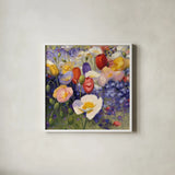 Tulips and Poppy Party by Shirley Novak. Shown in a crisp white glass frame for a clean and minimalist style. Available as an archival giclee rolled canvas, fine art paper, or poster print. SKU 22481a.
