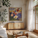 Tulips and Poppy Party by Shirley Novak. Shown in a natural wood frame in a cozy modern living room. Available as an archival giclee rolled canvas, fine art paper, or poster print. SKU 22481a.