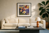 Tulips and Poppy Party by Shirley Novak. Displayed in a glass frame with matte in a clean modern living room. Available as an archival giclee rolled canvas, fine art paper, or poster print. SKU 22481a.