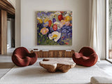 Tulips and Poppy Party by Shirley Novak. Shown as extra-large giant wall art in a modern living room. Available as an archival giclee rolled canvas, fine art paper, or poster print. SKU 22481a.