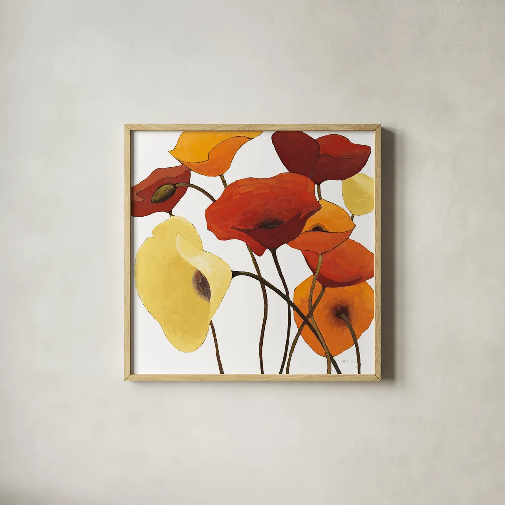 Up One on White Yellow by Shirley Novak. Shown in a natural wood glass frame for a timeless modern aesthetic. Available as an archival giclee rolled canvas, fine art paper, or poster print. SKU 31323a.
