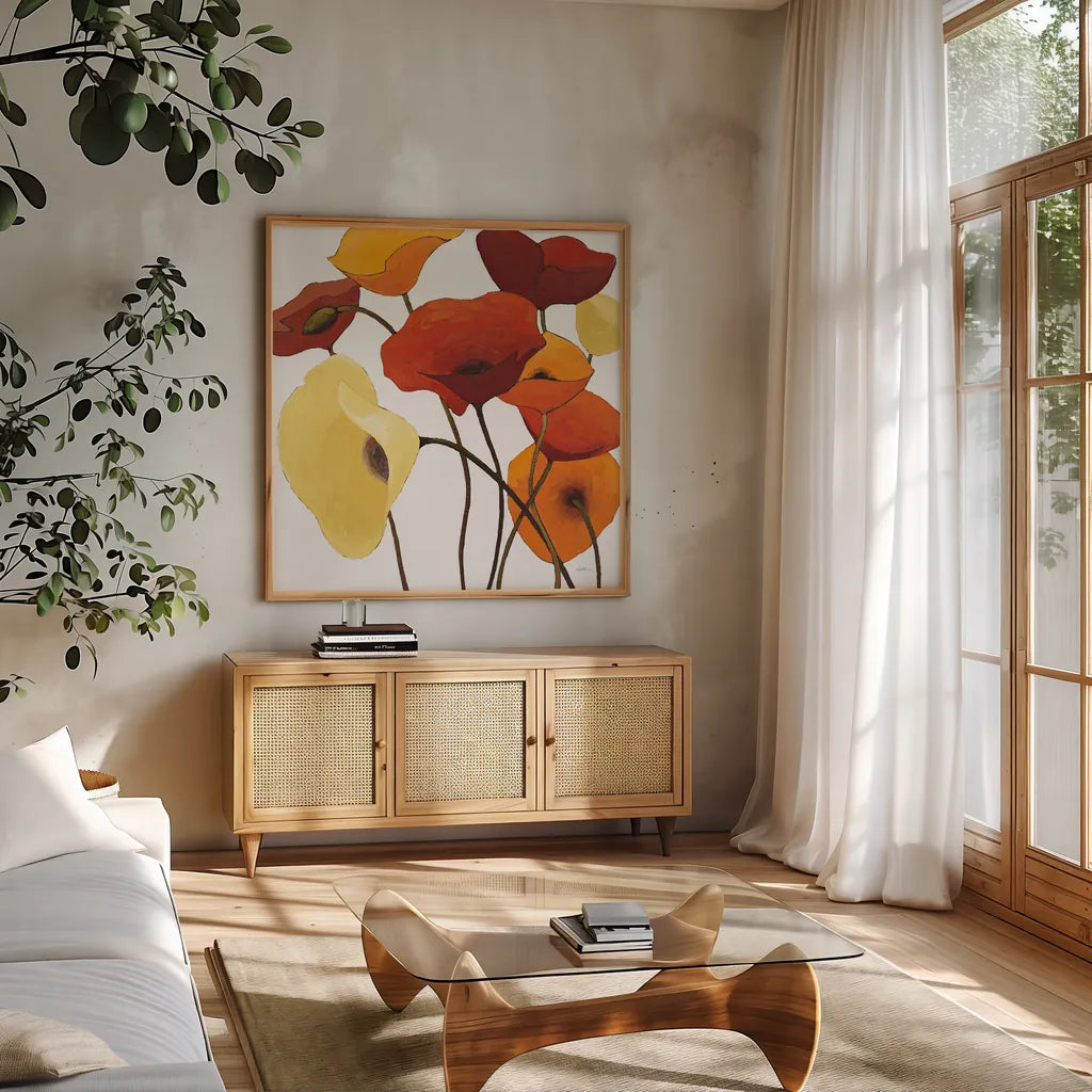 Up One on White Yellow by Shirley Novak. Shown in a natural wood frame in a cozy modern living room. Available as an archival giclee rolled canvas, fine art paper, or poster print. SKU 31323a.