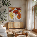 Up One on White Yellow by Shirley Novak. Shown in a natural wood frame in a cozy modern living room. Available as an archival giclee rolled canvas, fine art paper, or poster print. SKU 31323a.
