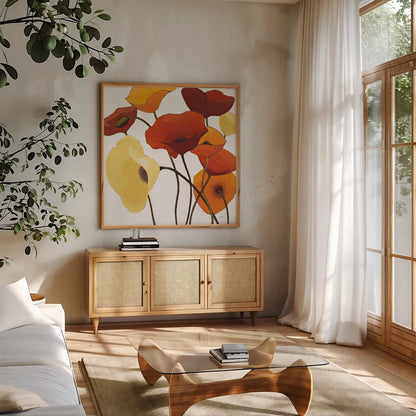 Up One on White Yellow by Shirley Novak. Shown in a natural wood frame in a cozy modern living room. Available as an archival giclee rolled canvas, fine art paper, or poster print. SKU 31323a.