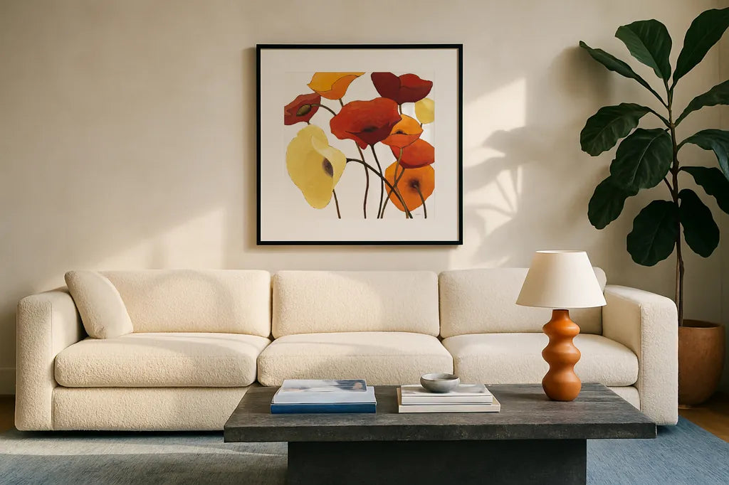 Up One on White Yellow by Shirley Novak. Displayed in a glass frame with matte in a clean modern living room. Available as an archival giclee rolled canvas, fine art paper, or poster print. SKU 31323a.