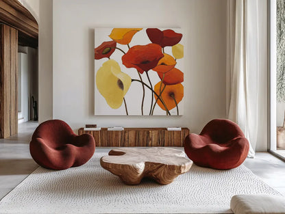 Up One on White Yellow by Shirley Novak. Shown as extra-large giant wall art in a modern living room. Available as an archival giclee rolled canvas, fine art paper, or poster print. SKU 31323a.