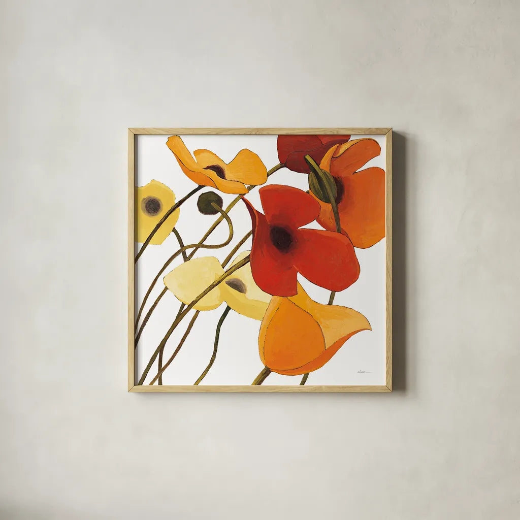 Up Two on White Yellow by Shirley Novak. Shown in a natural wood glass frame for a timeless modern aesthetic. Available as an archival giclee rolled canvas, fine art paper, or poster print. SKU 31324a.