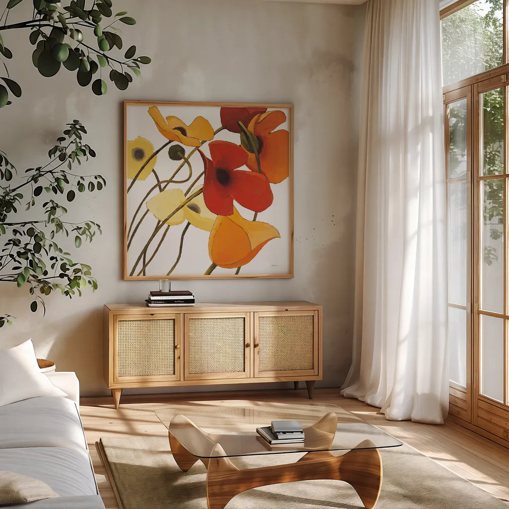 Up Two on White Yellow by Shirley Novak. Shown in a natural wood frame in a cozy modern living room. Available as an archival giclee rolled canvas, fine art paper, or poster print. SKU 31324a.