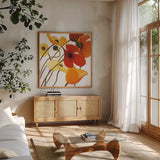 Up Two on White Yellow by Shirley Novak. Shown in a natural wood frame in a cozy modern living room. Available as an archival giclee rolled canvas, fine art paper, or poster print. SKU 31324a.
