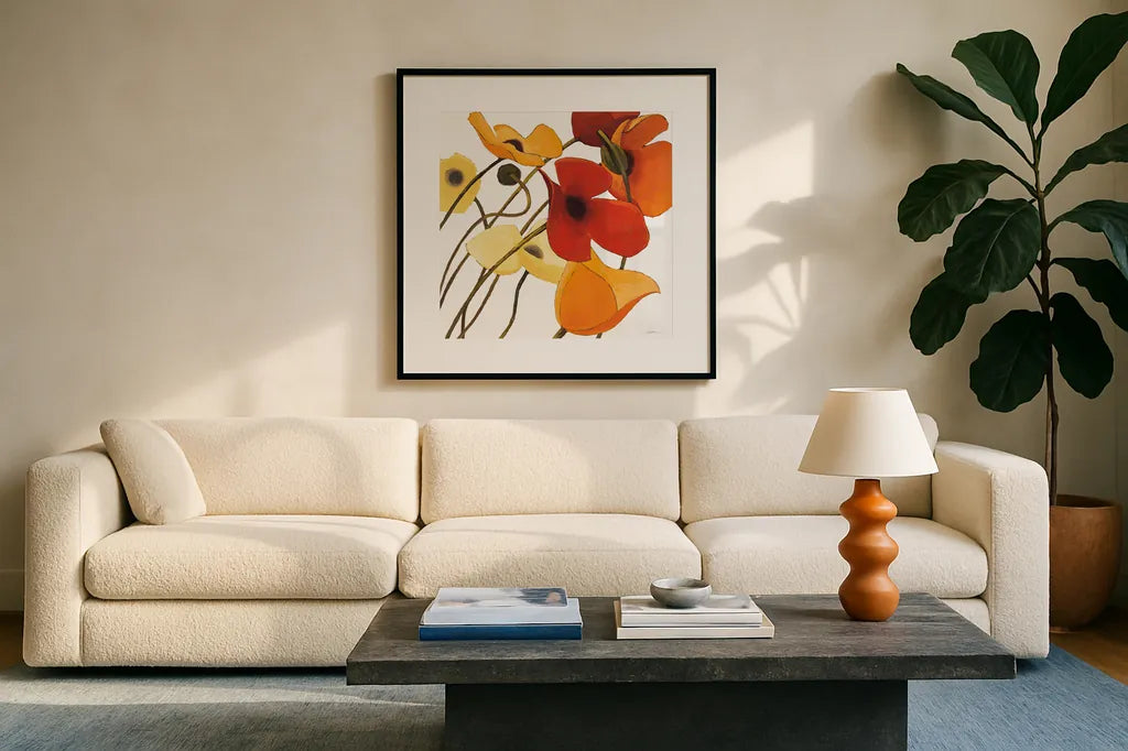 Up Two on White Yellow by Shirley Novak. Displayed in a glass frame with matte in a clean modern living room. Available as an archival giclee rolled canvas, fine art paper, or poster print. SKU 31324a.