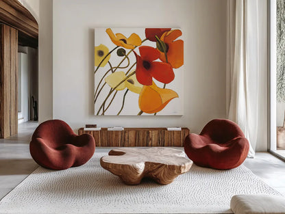 Up Two on White Yellow by Shirley Novak. Shown as extra-large giant wall art in a modern living room. Available as an archival giclee rolled canvas, fine art paper, or poster print. SKU 31324a.