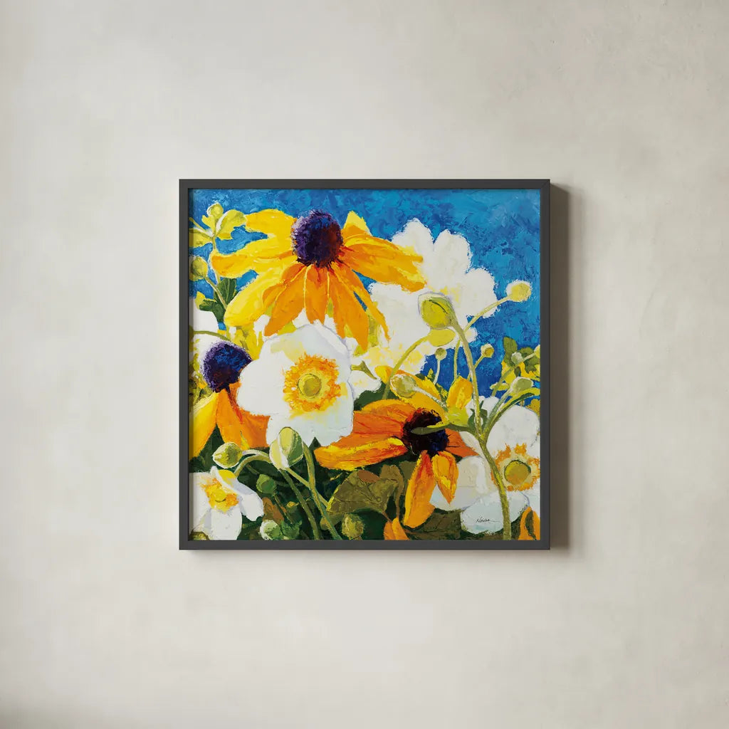 Warm and Sunny by Shirley Novak. Shown in a sleek black glass frame for a contemporary gallery look. Available as an archival giclee rolled canvas, fine art paper, or poster print. SKU 88687a.