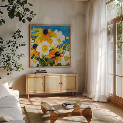 Warm and Sunny by Shirley Novak. Shown in a natural wood frame in a cozy modern living room. Available as an archival giclee rolled canvas, fine art paper, or poster print. SKU 88687a.