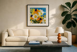 Warm and Sunny by Shirley Novak. Displayed in a glass frame with matte in a clean modern living room. Available as an archival giclee rolled canvas, fine art paper, or poster print. SKU 88687a.