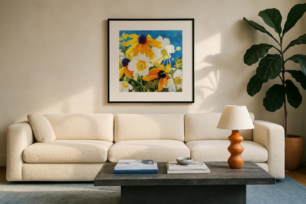 Warm and Sunny by Shirley Novak. Displayed in a glass frame with matte in a clean modern living room. Available as an archival giclee rolled canvas, fine art paper, or poster print. SKU 88687a.