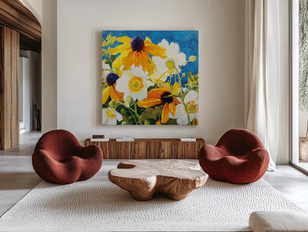 Warm and Sunny by Shirley Novak. Shown as extra-large giant wall art in a modern living room. Available as an archival giclee rolled canvas, fine art paper, or poster print. SKU 88687a.