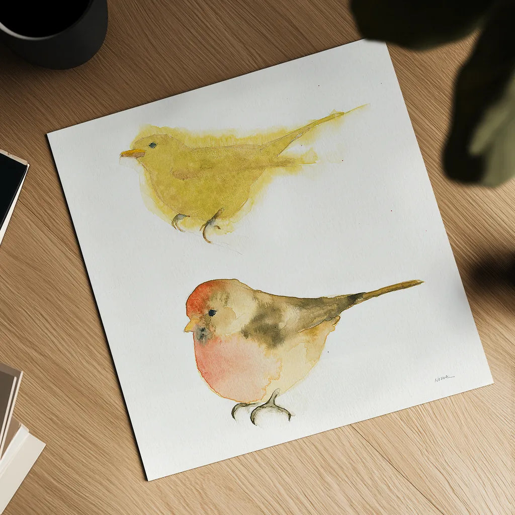 Watercolor Birds I Sq by Shirley Novak. Shown as a detailed flat fine art print, highlighting archival giclee quality. Available as an archival giclee rolled canvas, fine art paper, or poster print. SKU 32647a.