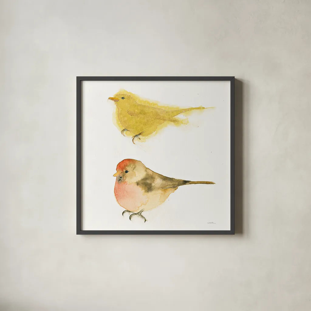 Watercolor Birds I Sq by Shirley Novak. Shown in a sleek black glass frame for a contemporary gallery look. Available as an archival giclee rolled canvas, fine art paper, or poster print. SKU 32647a.