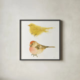 Watercolor Birds I Sq by Shirley Novak. Shown in a sleek black glass frame for a contemporary gallery look. Available as an archival giclee rolled canvas, fine art paper, or poster print. SKU 32647a.