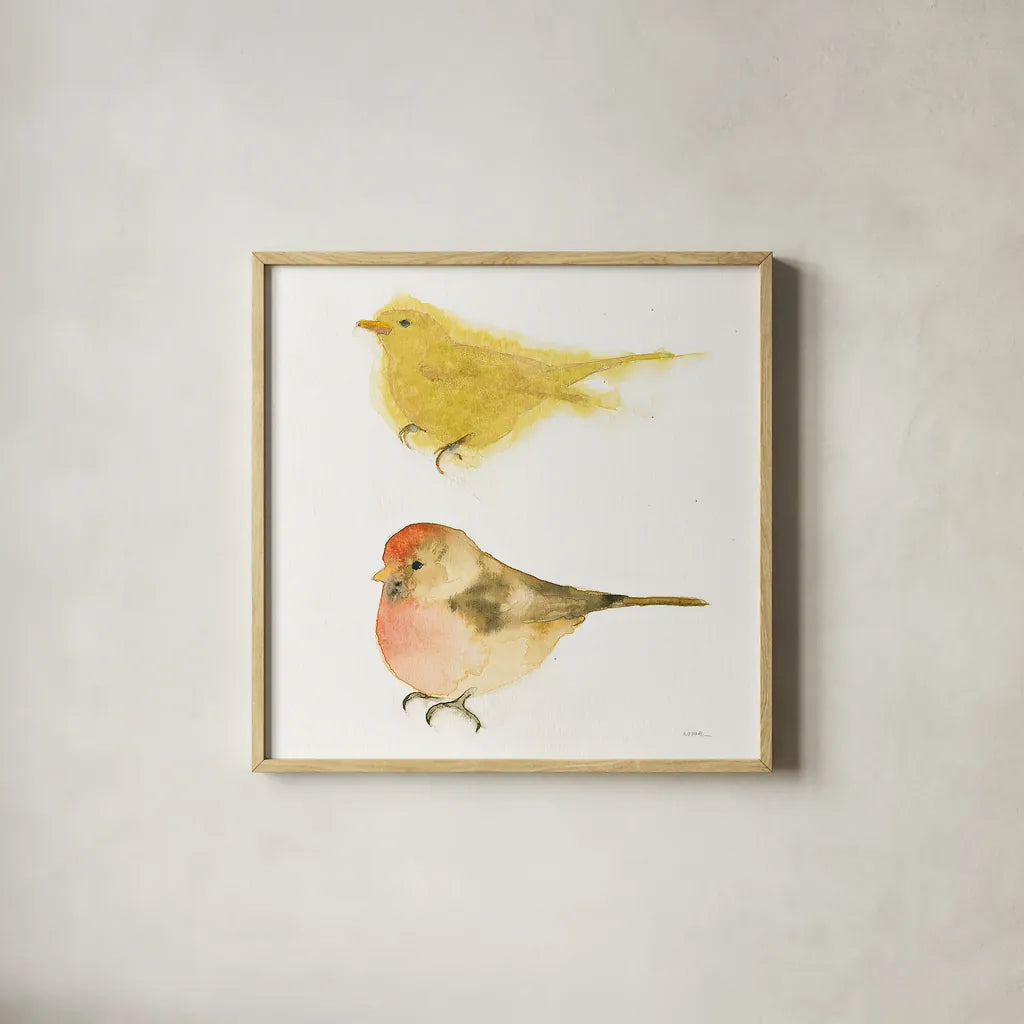 Watercolor Birds I Sq by Shirley Novak. Shown in a natural wood glass frame for a timeless modern aesthetic. Available as an archival giclee rolled canvas, fine art paper, or poster print. SKU 32647a.