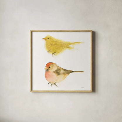 Watercolor Birds I Sq by Shirley Novak. Shown in a natural wood glass frame for a timeless modern aesthetic. Available as an archival giclee rolled canvas, fine art paper, or poster print. SKU 32647a.