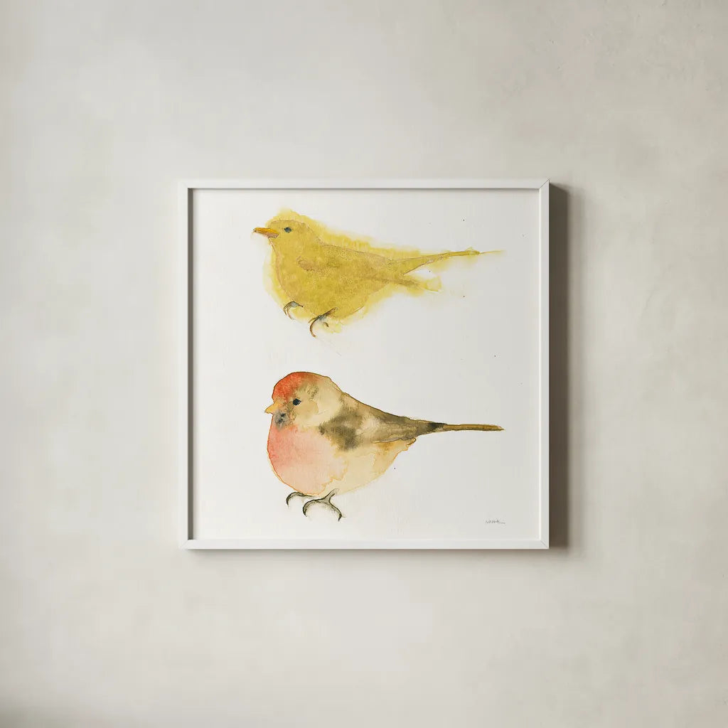 Watercolor Birds I Sq by Shirley Novak. Shown in a crisp white glass frame for a clean and minimalist style. Available as an archival giclee rolled canvas, fine art paper, or poster print. SKU 32647a.