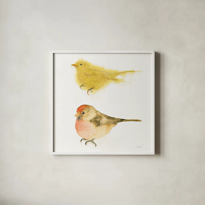 Watercolor Birds I Sq by Shirley Novak. Shown in a crisp white glass frame for a clean and minimalist style. Available as an archival giclee rolled canvas, fine art paper, or poster print. SKU 32647a.