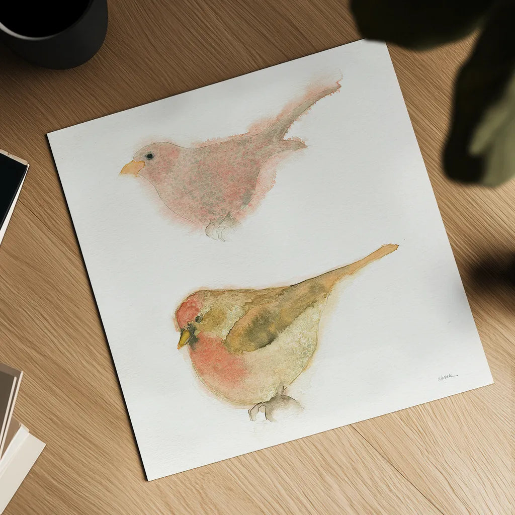 Watercolor Birds II Sq by Shirley Novak. Shown as a detailed flat fine art print, highlighting archival giclee quality. Available as an archival giclee rolled canvas, fine art paper, or poster print. SKU 32648a.