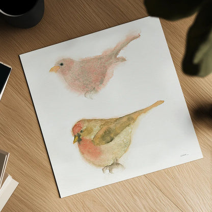 Watercolor Birds II Sq by Shirley Novak. Shown as a detailed flat fine art print, highlighting archival giclee quality. Available as an archival giclee rolled canvas, fine art paper, or poster print. SKU 32648a.