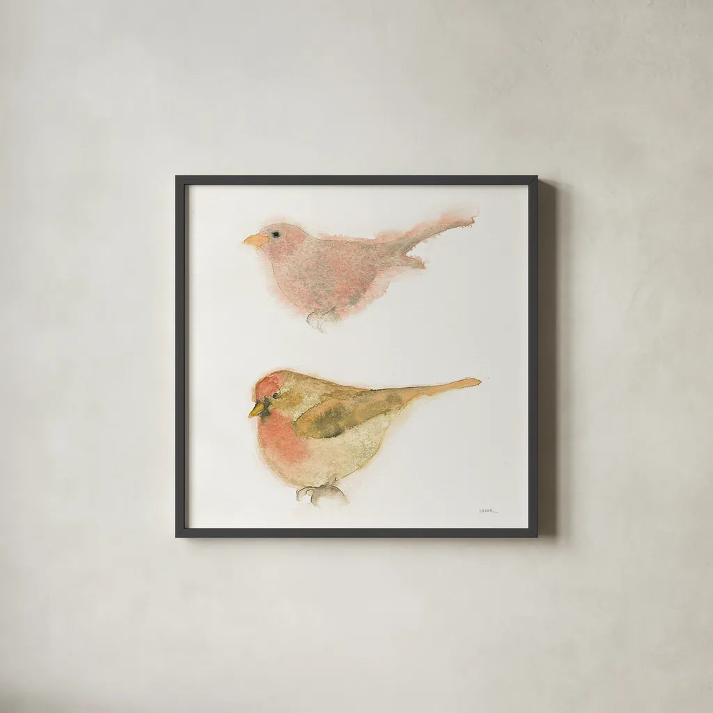 Watercolor Birds II Sq by Shirley Novak. Shown in a sleek black glass frame for a contemporary gallery look. Available as an archival giclee rolled canvas, fine art paper, or poster print. SKU 32648a.