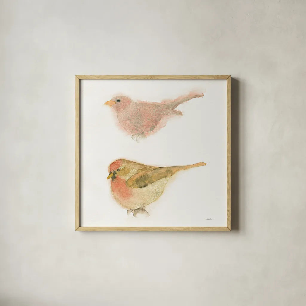 Watercolor Birds II Sq by Shirley Novak. Shown in a natural wood glass frame for a timeless modern aesthetic. Available as an archival giclee rolled canvas, fine art paper, or poster print. SKU 32648a.