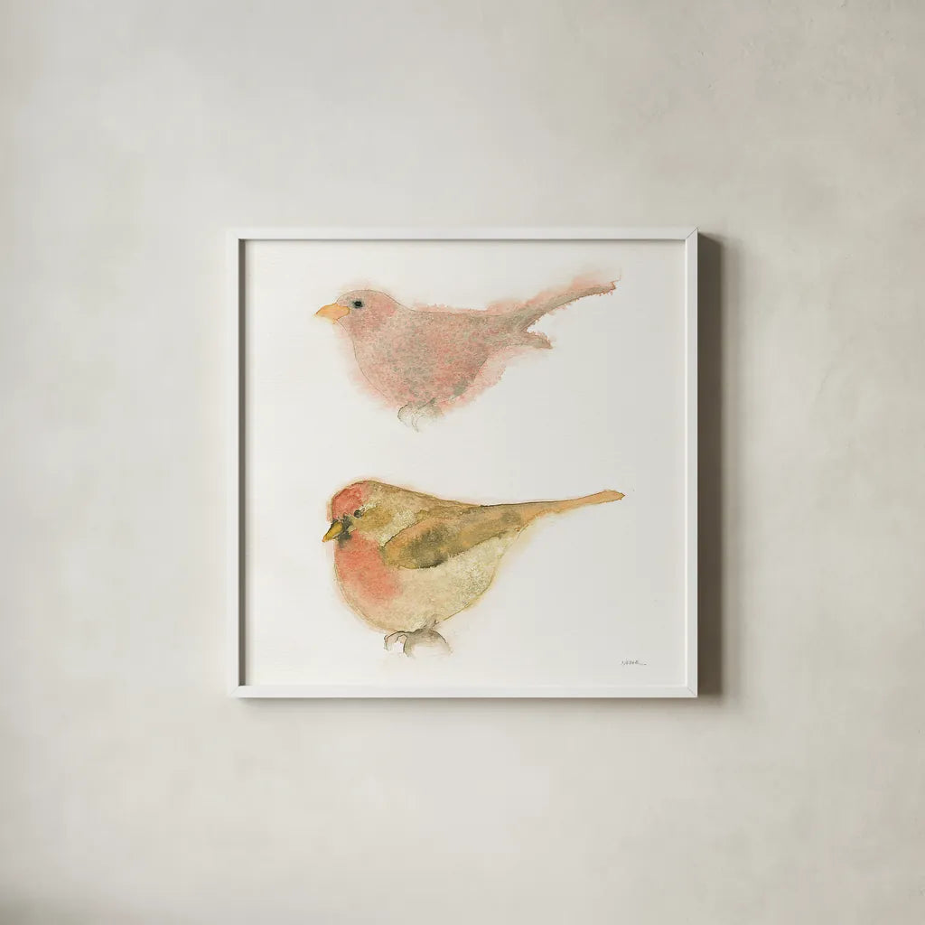 Watercolor Birds II Sq by Shirley Novak. Shown in a crisp white glass frame for a clean and minimalist style. Available as an archival giclee rolled canvas, fine art paper, or poster print. SKU 32648a.
