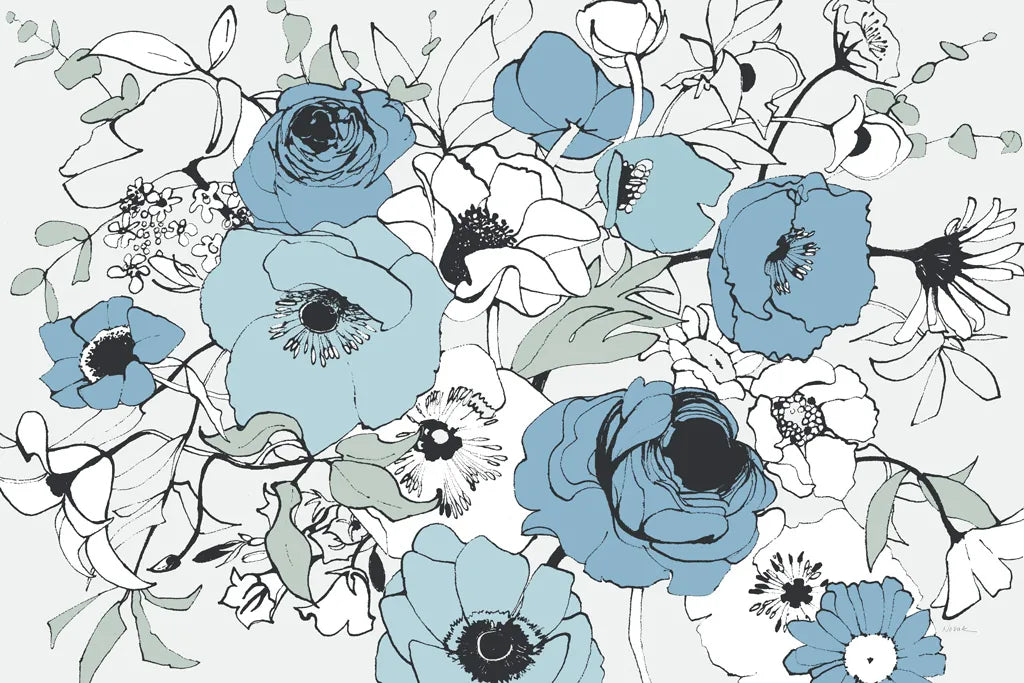 Watercolor Black Lined Poppies Mix by Shirley Novak. SKU 50067i. Archival Giclee Fine art print for wall decor.