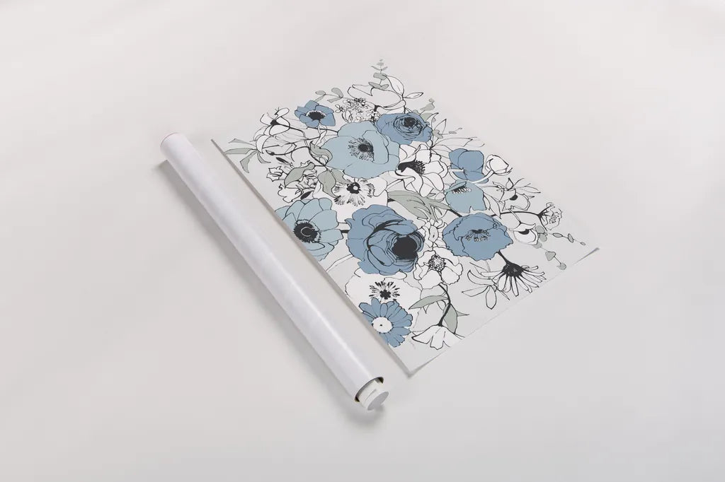 Watercolor Black Lined Poppies Mix by Shirley Novak. shown as a rolled paper print. Available as archival giclee rolled canvas, fine art paper, or poster print. SKU 50067i.