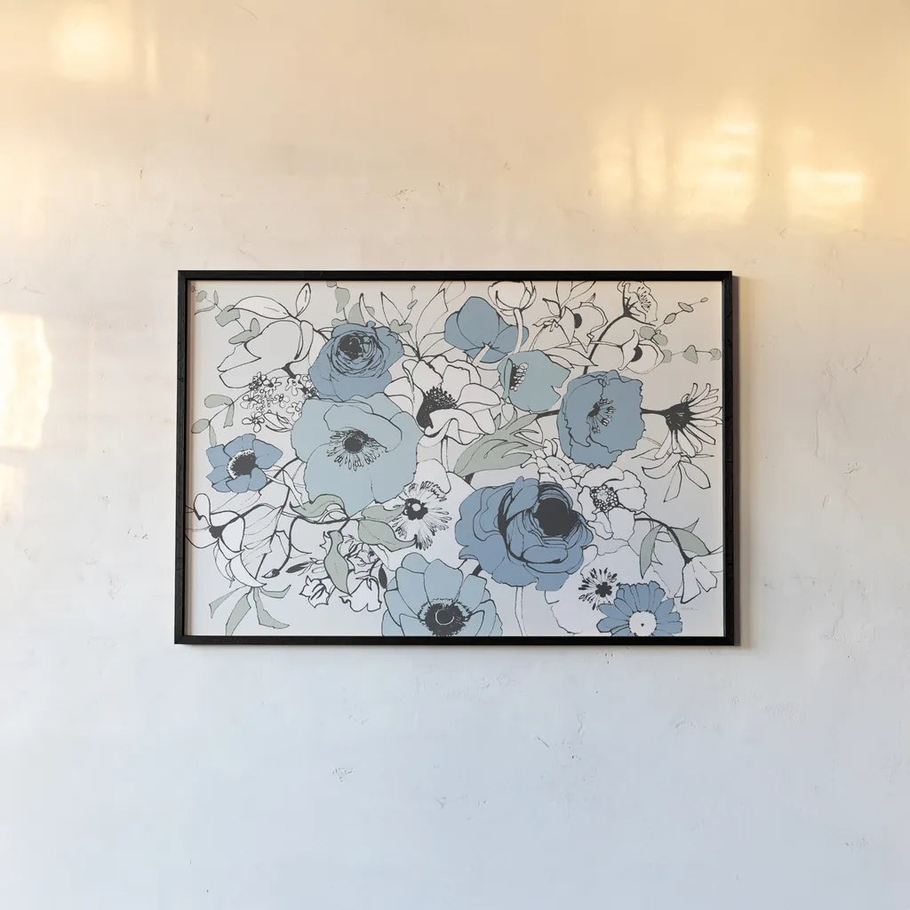 Watercolor Black Lined Poppies Mix by Shirley Novak. shown as a paper print in a black flame. Available as a archival giclee rolled canvas, fine art paper, or poster print. SKU 50067i.