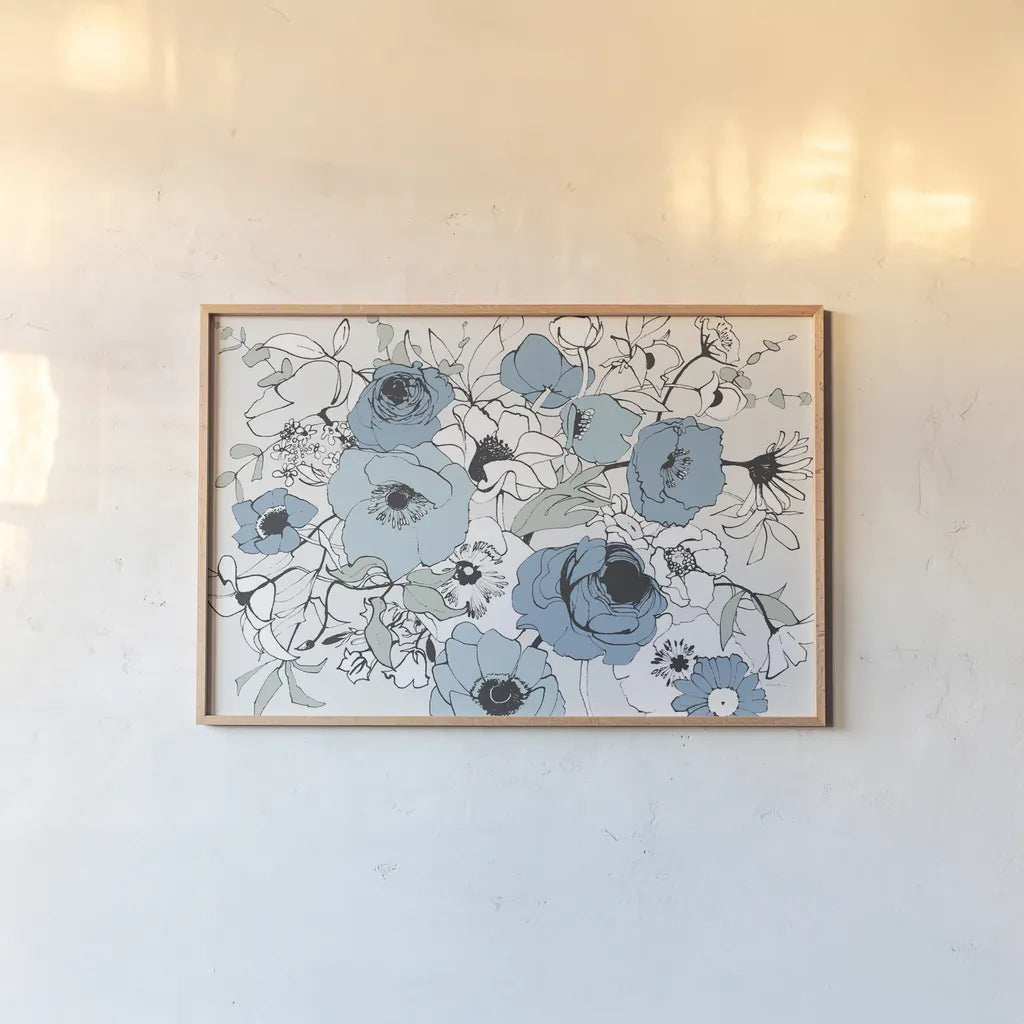 Watercolor Black Lined Poppies Mix by Shirley Novak. shown as a paper print in a natural frame. Available as a archival giclee rolled canvas, fine art paper, or poster print. SKU 50067i.