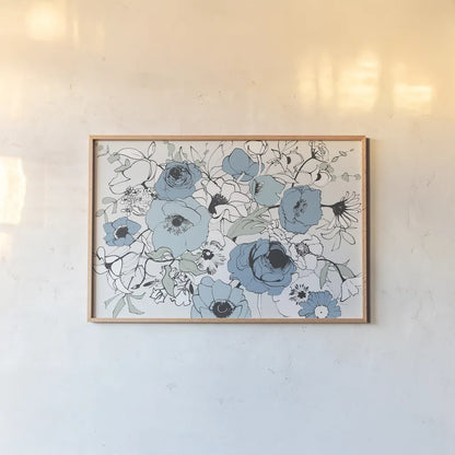 Watercolor Black Lined Poppies Mix by Shirley Novak. shown as a paper print in a natural frame. Available as a archival giclee rolled canvas, fine art paper, or poster print. SKU 50067i.