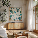 What If II by Shirley Novak. Shown in a natural wood frame in a cozy modern living room. Available as an archival giclee rolled canvas, fine art paper, or poster print. SKU 15422a.