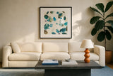 What If II by Shirley Novak. Displayed in a glass frame with matte in a clean modern living room. Available as an archival giclee rolled canvas, fine art paper, or poster print. SKU 15422a.