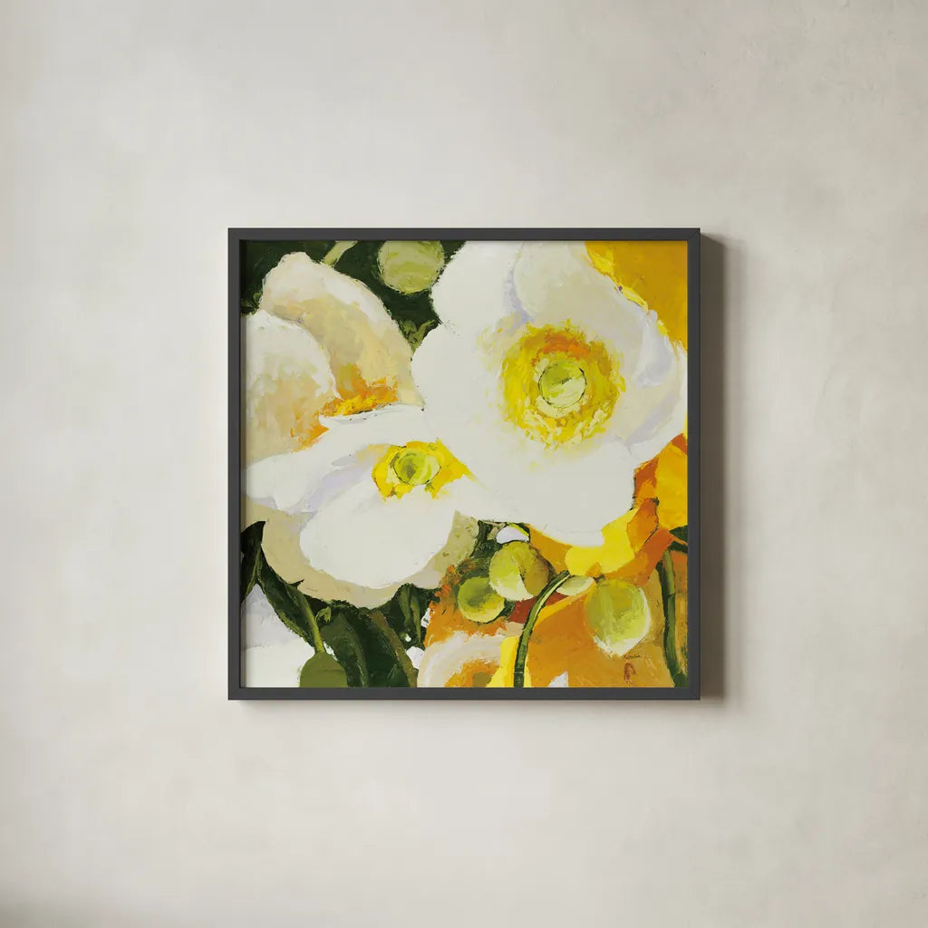 White Anemones Up Close by Shirley Novak. Shown in a sleek black glass frame for a contemporary gallery look. Available as an archival giclee rolled canvas, fine art paper, or poster print. SKU 90693a.