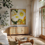 White Anemones Up Close by Shirley Novak. Shown in a natural wood frame in a cozy modern living room. Available as an archival giclee rolled canvas, fine art paper, or poster print. SKU 90693a.