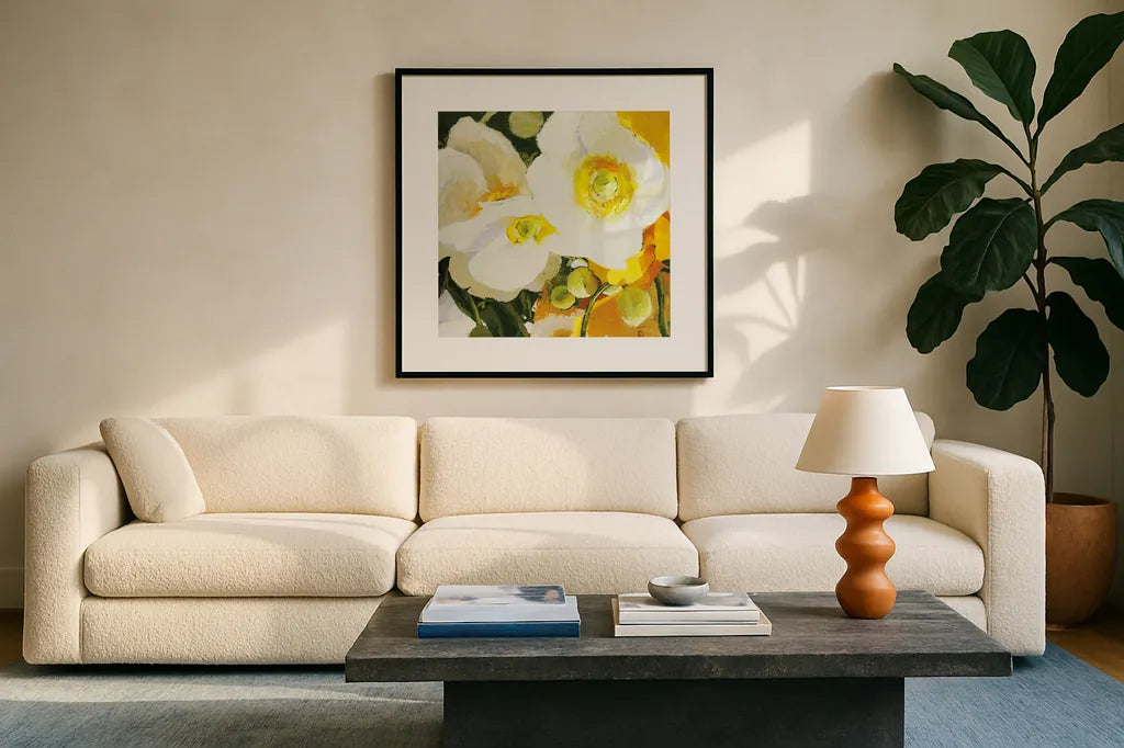 White Anemones Up Close by Shirley Novak. Displayed in a glass frame with matte in a clean modern living room. Available as an archival giclee rolled canvas, fine art paper, or poster print. SKU 90693a.
