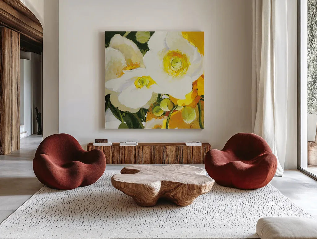 White Anemones Up Close by Shirley Novak. Shown as extra-large giant wall art in a modern living room. Available as an archival giclee rolled canvas, fine art paper, or poster print. SKU 90693a.