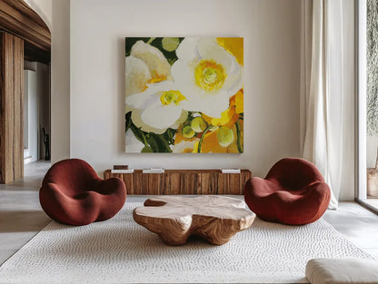 White Anemones Up Close by Shirley Novak. Shown as extra-large giant wall art in a modern living room. Available as an archival giclee rolled canvas, fine art paper, or poster print. SKU 90693a.