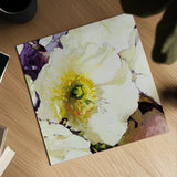 White Poppies Up Close by Shirley Novak. Shown as a detailed flat fine art print, highlighting archival giclee quality. Available as an archival giclee rolled canvas, fine art paper, or poster print. SKU 90696a.