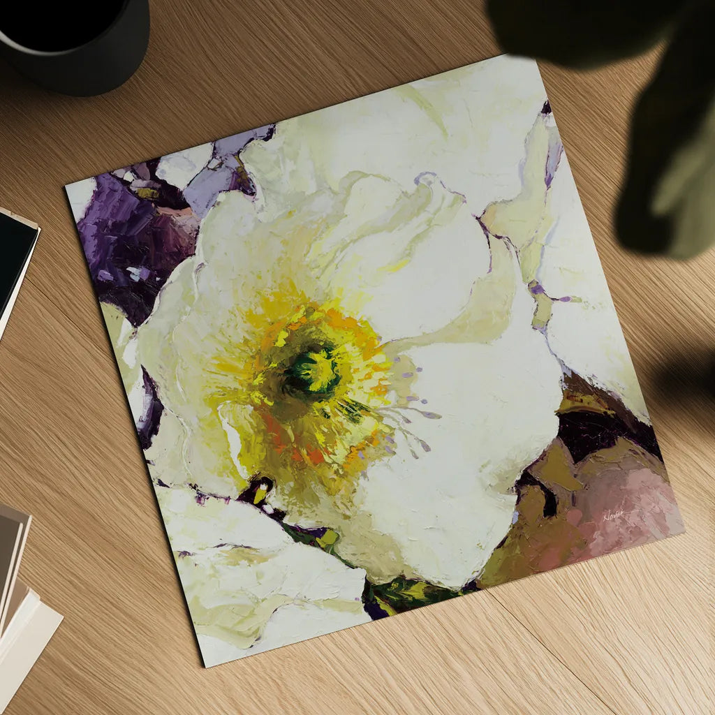 White Poppies Up Close by Shirley Novak. Shown as a detailed flat fine art print, highlighting archival giclee quality. Available as an archival giclee rolled canvas, fine art paper, or poster print. SKU 90696a.